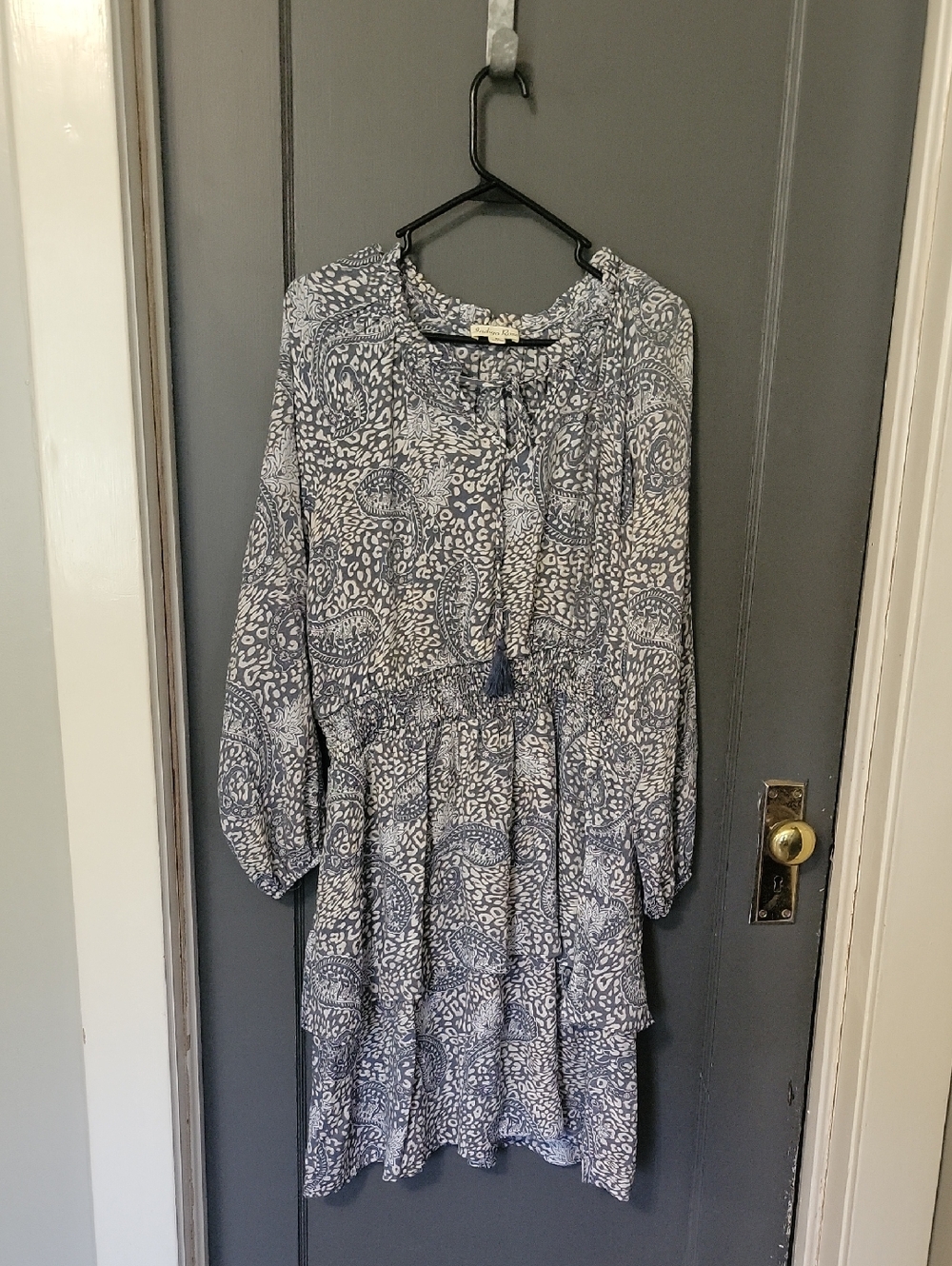 Boho Paisley Tie-Neck Long Sleeve Dress in Blue